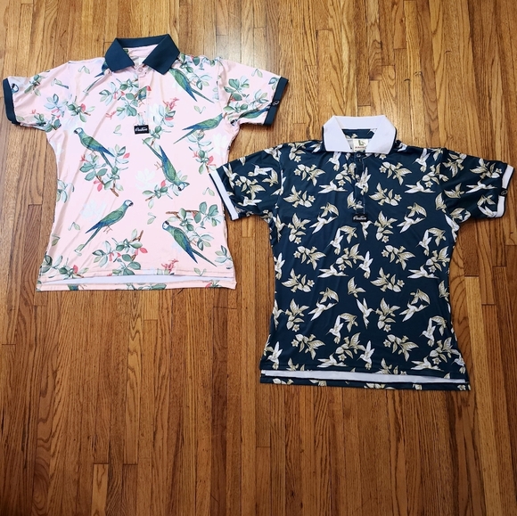 Albatros Partner Mens Performance Golf Polos Size Large Pink Green Birds Parrot - Picture 1 of 11